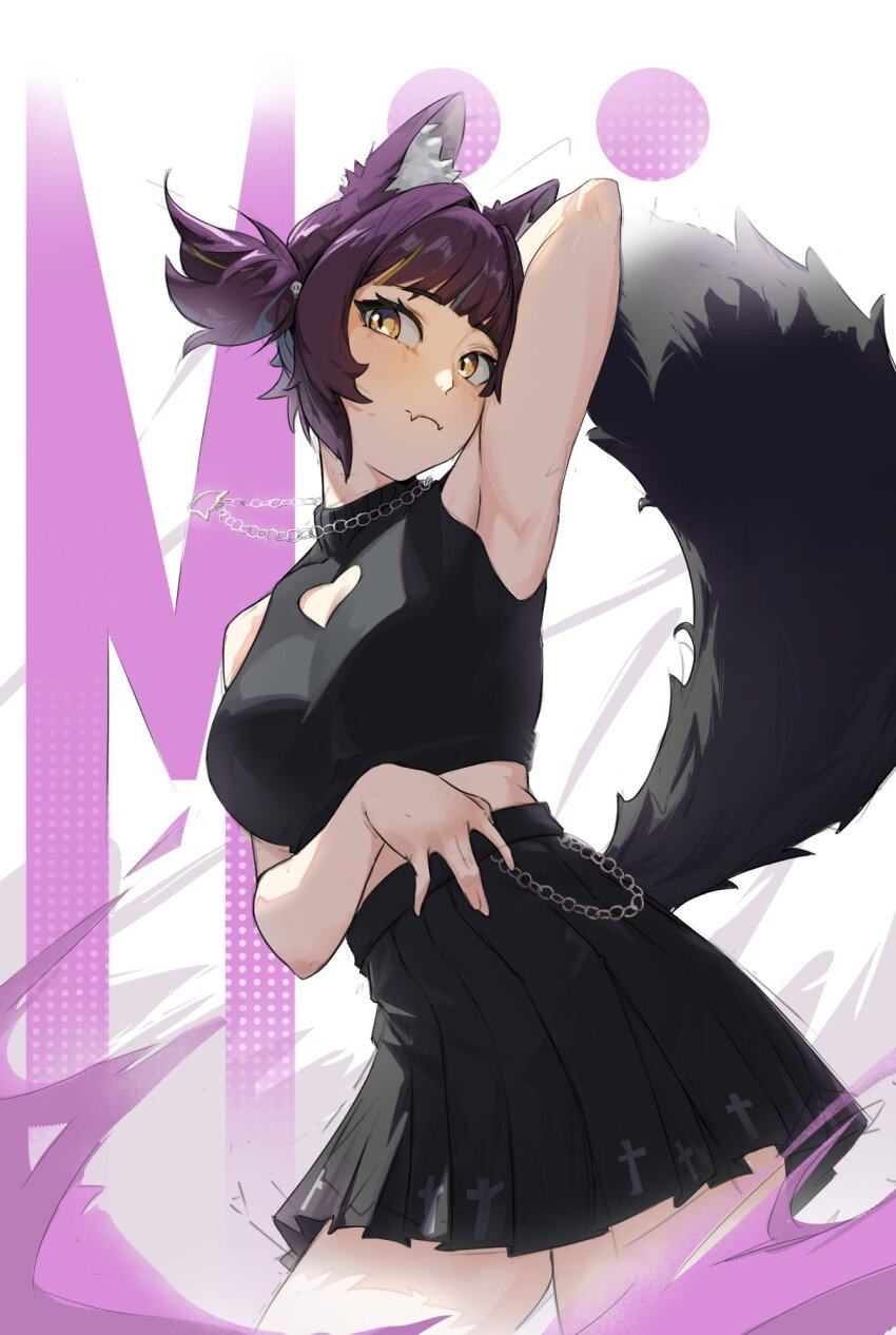 1girl, animal_ear_fluff, animal_ears, arkanis, blonde_streaks, blunt_bangs, brown_hair, cat_ears, cleavage_cutout, clothing_cutout, crop_top, eon_productions, heart_cutout, highres, mii_reis, minecraft_youtube, multicolored_hair, pleated_skirt, shirt, short_hair, short_twintails, skirt, sleeveless, sleeveless_shirt, streaked_hair, sunpichu, tail, twintails, virtual_youtuber, yellow_eyes