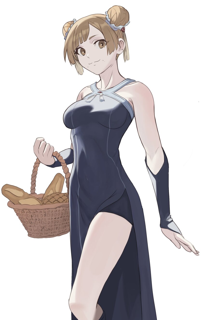 1girl, absurdres, baguette, blonde_hair, bread, bread_bag, breasts, commentary