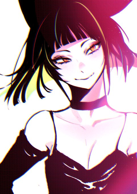 1girl, animal_ears, black_camisole, black_choker, blonde_streaks, blunt_bangs, camisole, cat_ears, choker, commentary, detached_sleeves, eon_productions, high_contrast, i_ma_ge, mii_reis, multicolored_hair, short_hair, slit_pupils, streaked_hair, untranslatable_commentary, yellow_eyes