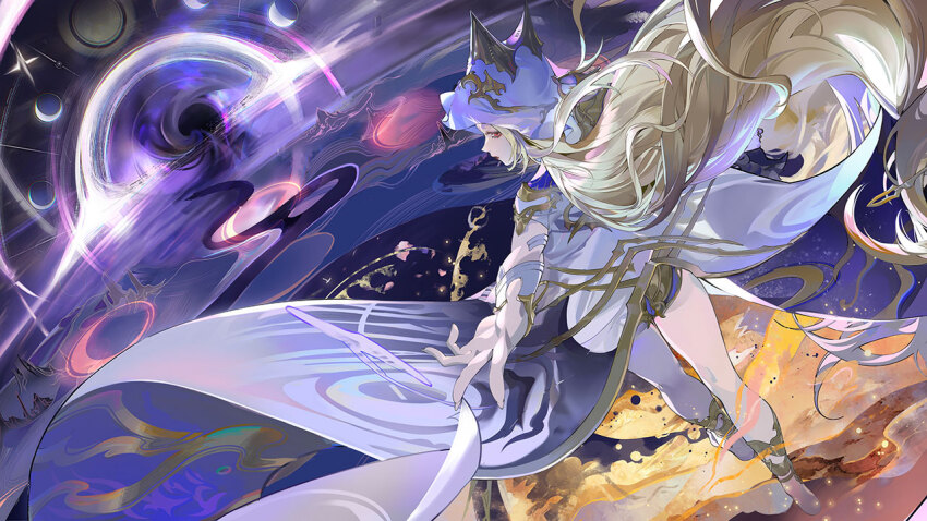 1girl, aiona_(silver_and_blood), artist_request, black_hole, blonde_hair, crescent_moon, gloves, gold_trim