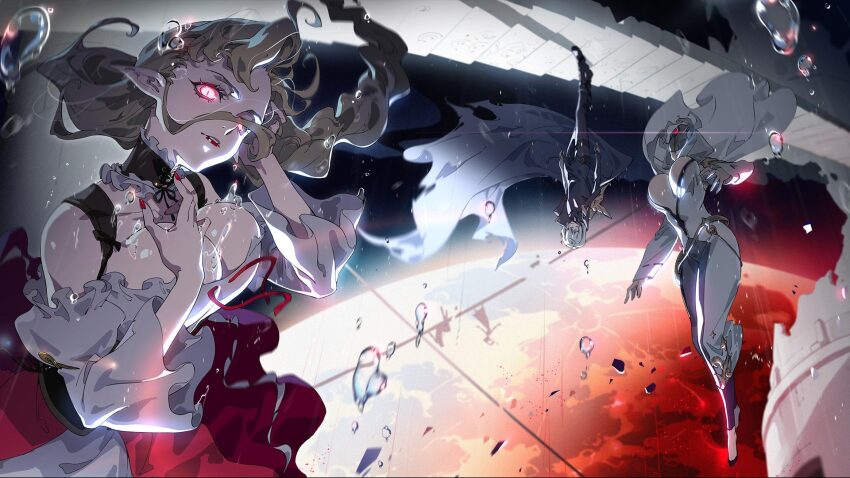 1boy, 2girls, aiona_(silver_and_blood), artist_request, bodysuit, breasts, brown_hair, cape