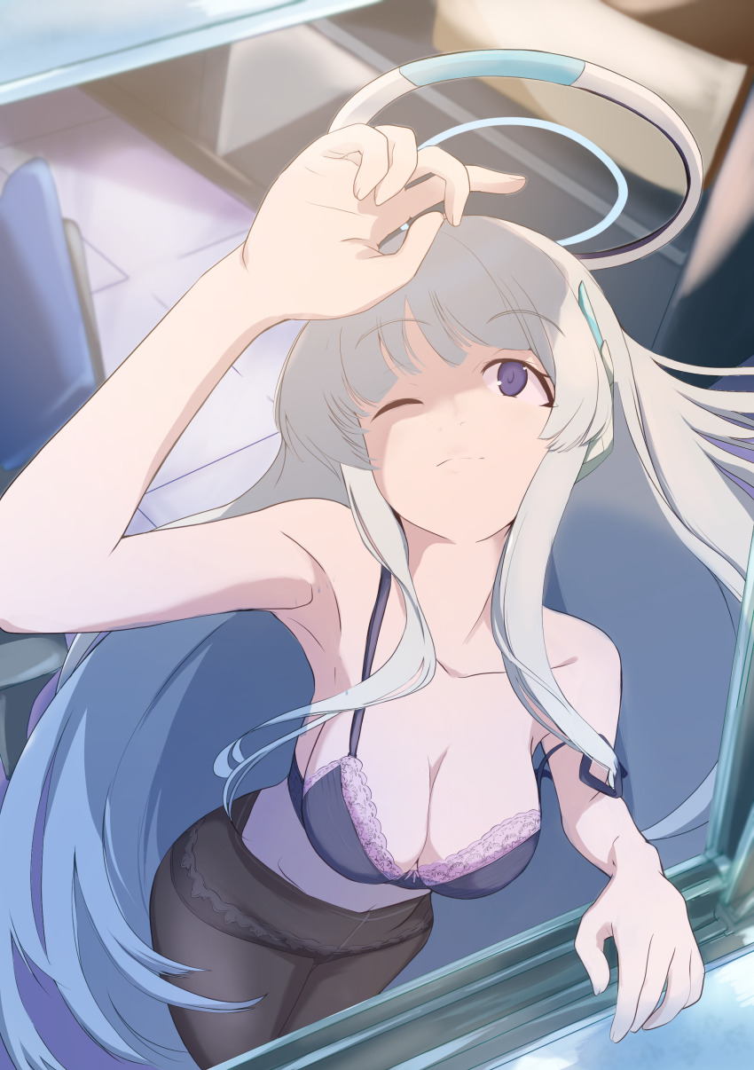 1girl, absurdres, aig8654fez, arm_up, armpits, black_bra, black_pantyhose, blue_archive, blunt_bangs, blurry, blurry_background, bra, braid, breasts, cleavage, closed_mouth, collarbone, commentary, cowboy_shot, day, floating_hair, foreshortening, from_above, grey_hair, halo, highres, indoors, large_breasts, lingerie, long_hair, looking_up, low_twin_braids, mechanical_halo, midriff, noa_(blue_archive), panties, panties_under_pantyhose, pantyhose, purple_eyes, shading_eyes, shadow, sidelocks, smile, solo, split_mouth, strap_slip, sunlight, tareme, twin_braids, underwear, very_long_hair, white_halo, wind, window