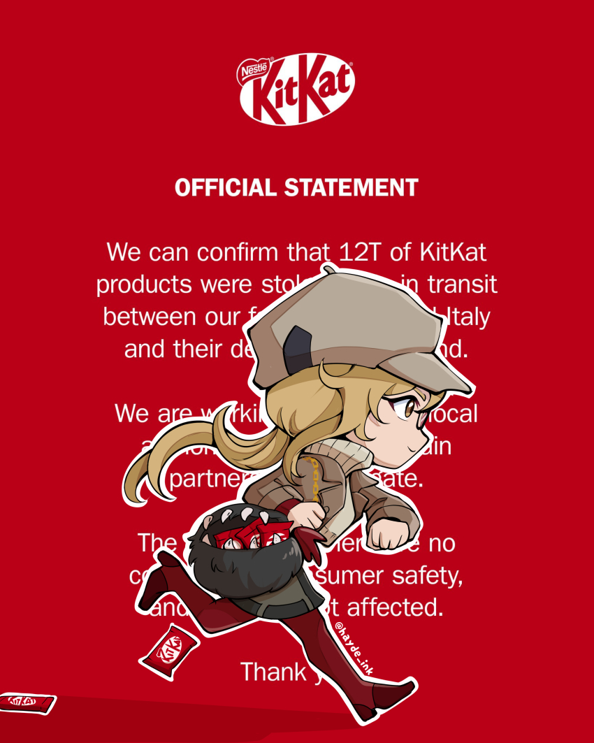 1girl, 2026_kitkat_heist, absurdres, bag, boots, brown_hair, brown_jacket, candy