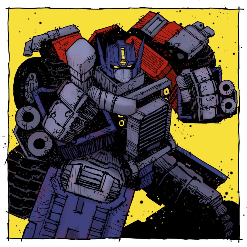 1boy, arm_mounted_weapon, armor, azoinab, blue_armor, blue_helmet, clenched_hand, convoy_(armada), feet_out_of_frame, full_body, grey_armor, helmet, highres, male_focus, mecha, mecha_focus, multicolored_armor, optimus_prime, outstretched_hand, pointing, pointing_at_viewer, red_armor, robot, solo, transformers, transformers:_armada, transformers_unicron_trilogy, yellow_background, yellow_eyes