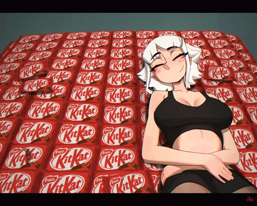 1girl, 2026_kitkat_heist, artist_name, black_shorts, black_tank_top, breaking_bad, breasts, closed_eyes
