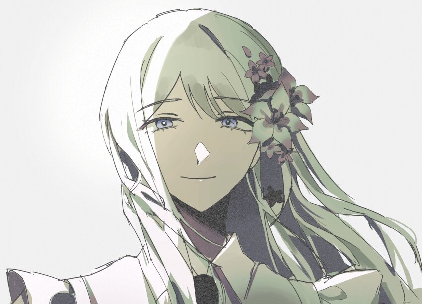 1girl, bang_dream!, bang_dream!_our_notes, black_necktie, blue_eyes, closed_mouth, commentary, flower