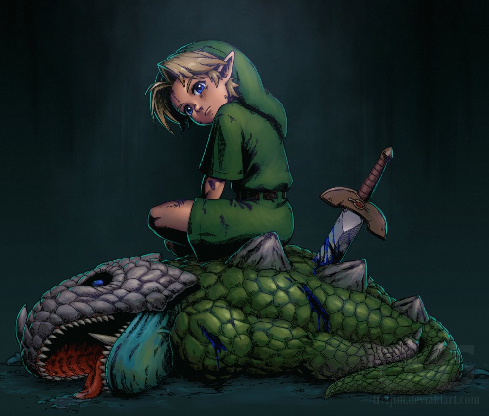 1boy, blonde_hair, blood, blue_blood, blue_eyes, commentary, english_commentary, green_skirt, green_tunic, king_dodongo, link, male_focus, nintendo, phrygian_cap, pointy_ears, skirt, the_legend_of_zelda, the_legend_of_zelda:_ocarina_of_time, treijim, tunic, young_link