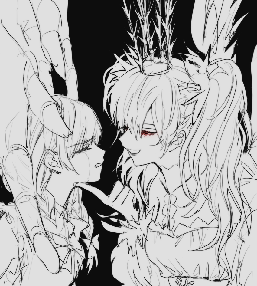 2girls, black_background, bobo_(miracle_nikki), bow, bowtie, braid, claws, clenched_teeth