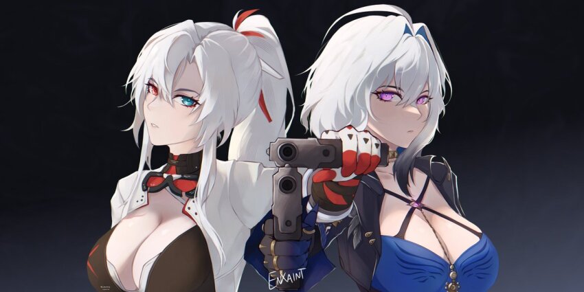 2girls, ahoge, aiming, aiming_at_viewer, alpha:_crimson_weave_(pgr), alpha_(pgr), bandeau, black_background