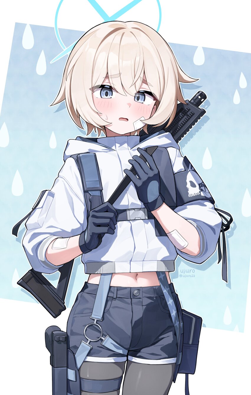 1girl, absurdres, arius_branch_school_logo, arius_student_(blue_archive), bandaid, bandaid_on_arm, bandaid_on_face, black_gloves, blonde_hair, blue_archive, blue_eyes, blush, commentary_request, gloves, gun, gun_on_back, handgun, highres, holstered, hood, hooded_jacket, jacket, navel, open_mouth, pantyhose, rain, short_hair, shorts, simple_background, solo, sweat, ujuro, water, weapon, weapon_on_back