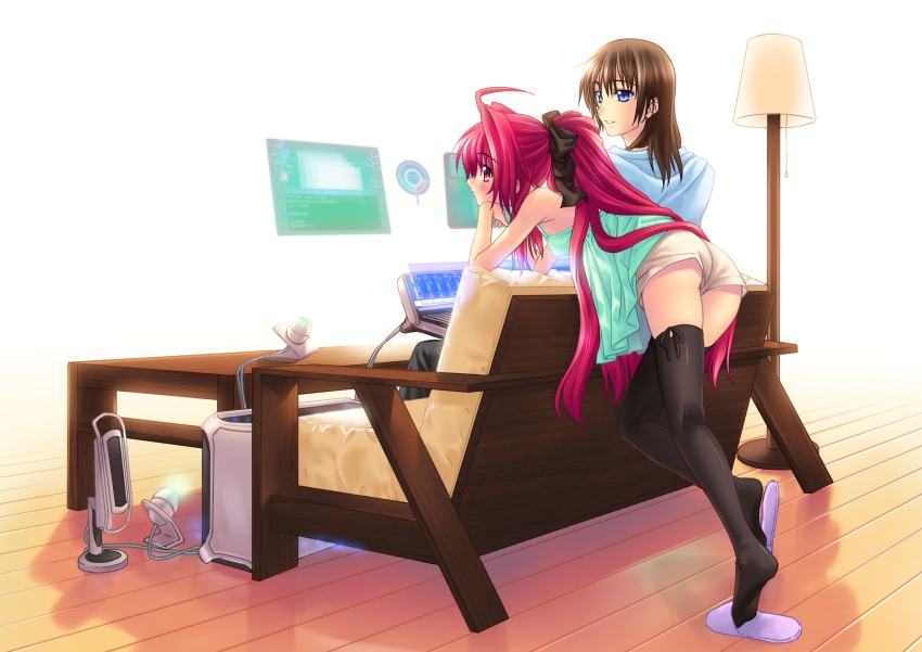 00s, 1boy, 1girl, ahoge, bow, computer, corticarte_apa_lagranges, couch