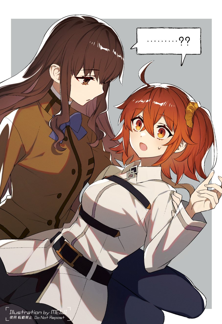 ...?, 2girls, ?, ahoge, belt, blue_bow, blue_bowtie, border, bow, bowtie, brown_eyes, brown_hair, chaldea_logo, chaldea_master_uniform, collared_shirt, commentary_request, crossed_bangs, fate/extra, fate/grand_order, fate_(series), fujimaru_ritsuka_(female), grey_background, hair_ornament, hair_scrunchie, highres, kishinami_hakuno_(female), long_hair, long_sleeves, looking_at_another, meiji_ken, multiple_girls, on_lap, open_mouth, orange_eyes, orange_hair, outside_border, pantyhose, school_uniform, scrunchie, shared_speech_bubble, shirt, side_ponytail, simple_background, speech_bubble, spoken_question_mark, tsukumihara_academy_uniform_(fate/extra), white_border, white_shirt, yellow_scrunchie, yuri