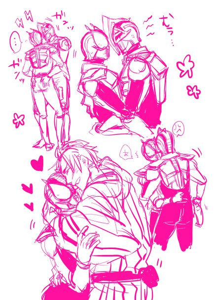 ..., 2boys, anger_vein, arm_around_another, arm_around_another's_waist, armor, axe, axe_blade, belt, bodysuit, bug_(artist), food, fruit, hair_tied_back, hands_on_another's_ass, heart, holding, holding_belt, hug, japanese_clothes, japanese_text, kamen_rider, kamen_rider_den-o, kamen_rider_den-o_(series), kimono, kintaros, male_focus, momotaros, multiple_boys, nogami_ryoutarou, peach, ponytail, possessed, possession, sketch, speech_bubble, sweat, sweatdrop, touching_another's_ass, unworn_belt, yaoi