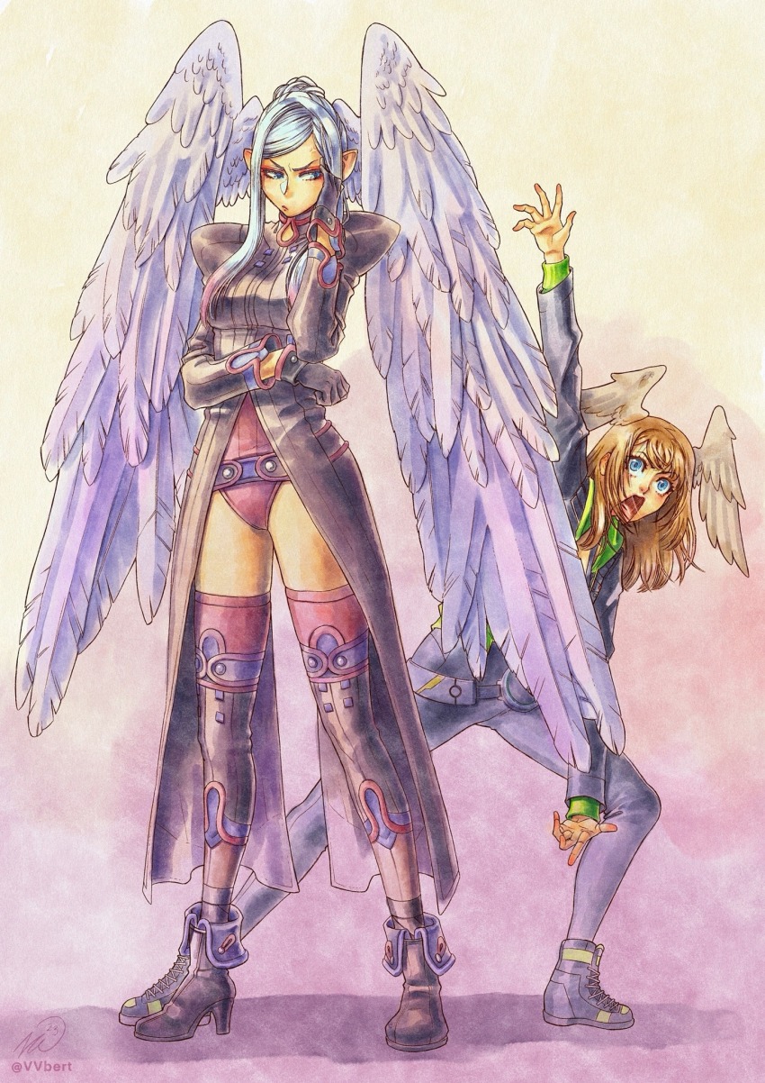 2girls, artist_name, black_bodysuit, black_coat, black_jacket, black_shoes, bodysuit, breasts