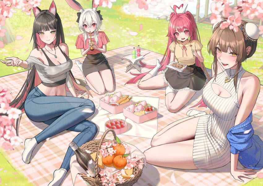 4girls, ahoge, animal_ears, bento, black_hair, black_skirt, bottle, breasts