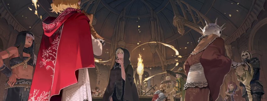 absurdres, black_hood, blindfold, blonde_hair, brother_corhyn_(elden_ring), brown_gloves, brown_hat, cape