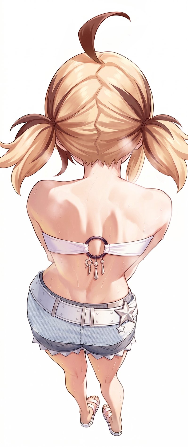 1girl, ahoge, ai-assisted, bare_shoulders, blonde_hair, commentary_request, cosplay, from_behind, gigi_murin, harley_(star_savior), harley_(star_savior)_(cosplay), highres, hololive, hololive_english, k_at_ie_(hxk82), multicolored_hair, o-ring_bandeau, sandals, shorts, simple_background, solo, two-tone_hair, virtual_youtuber, white_background