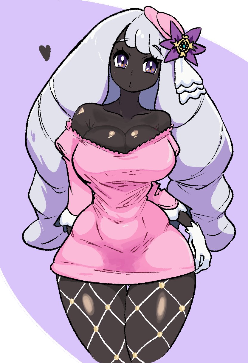 1girl, alternate_breast_size_(larger), ascot, bare_shoulders, big_hair, blush, breasts, dark-skinned_female