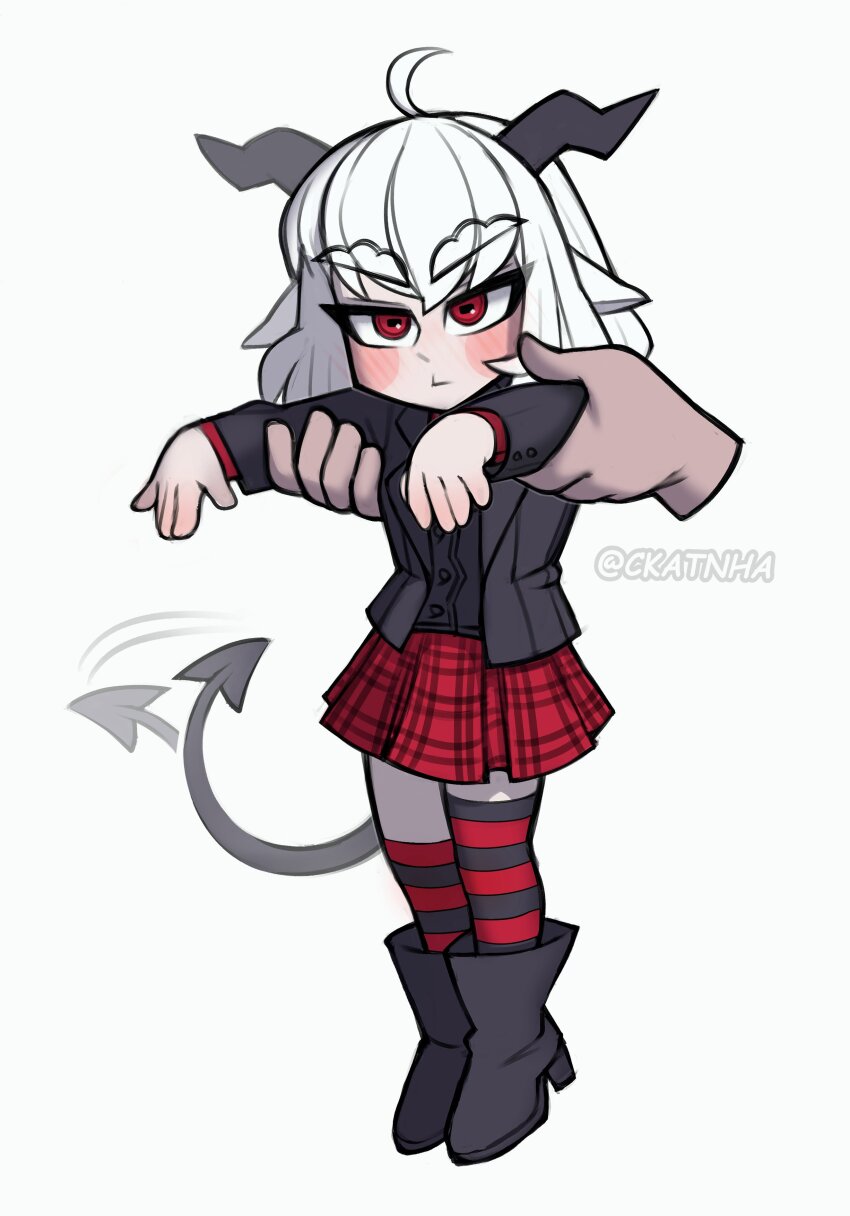 1girl, asymmetrical_legwear, child, ckatnha, demon_girl, helltaker, highres, krampus_(grizz)