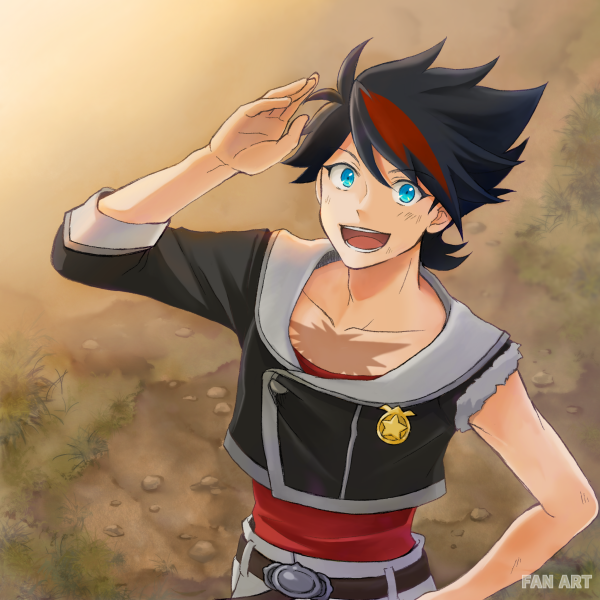 amakawazu, back_arrow, back_arrow_(character), belt, black_hair, black_jacket, blue_eyes, commentary_request