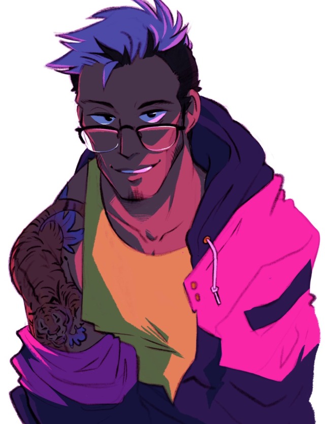 1boy, beard_stubble, commentary, dark-skinned_male, dark_skin, drawfee, english_commentary, facial_hair