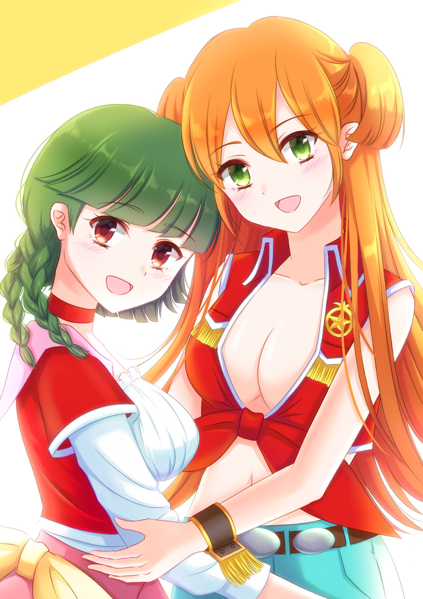 2girls, absurdres, atlee_ariel, back_arrow, blush, braid, choker, commentary_request