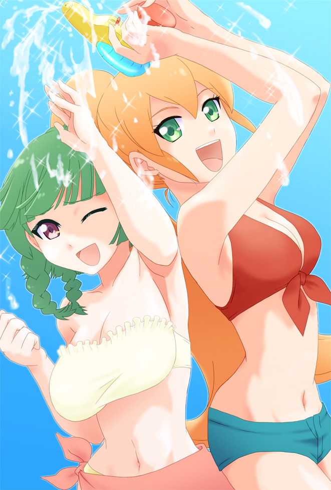 2girls, atlee_ariel, back_arrow, bikini, bikini_under_clothes, braid, breasts, cleavage