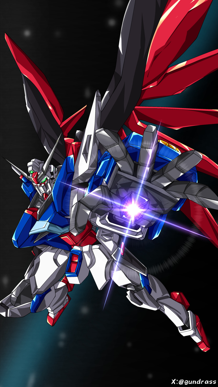 absurdres, commentary, destiny_gundam, destiny_gundam_spec_ii, energy_weapon, green_eyes, gundam, gundam_seed