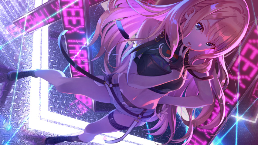 1girl, boots, brown_hair, english_text, fingerless_gloves, fran_(idoly_pride), game_cg, gloves