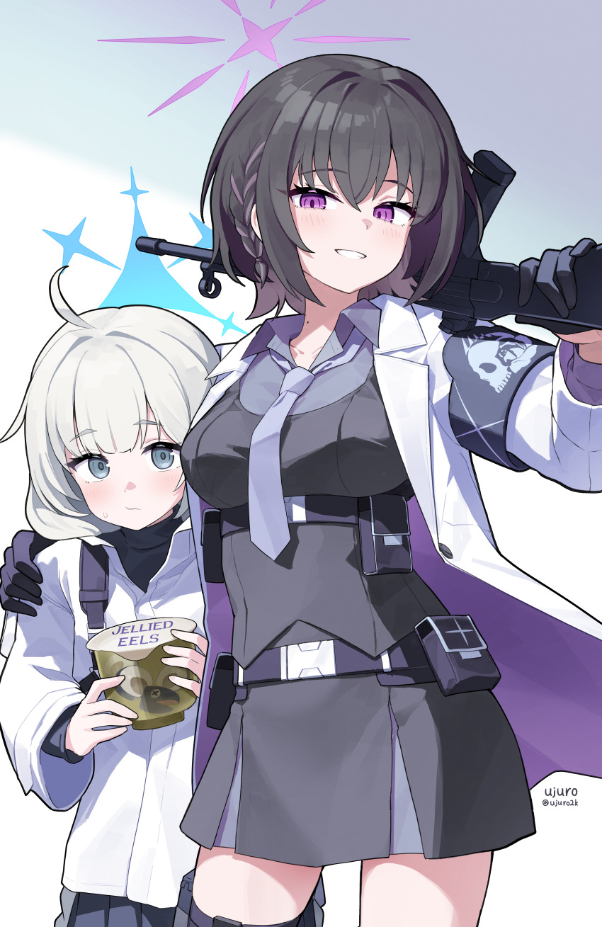 2girls, absurdres, ahoge, armband, assault_rifle, belt, belt_pouch, black_hair