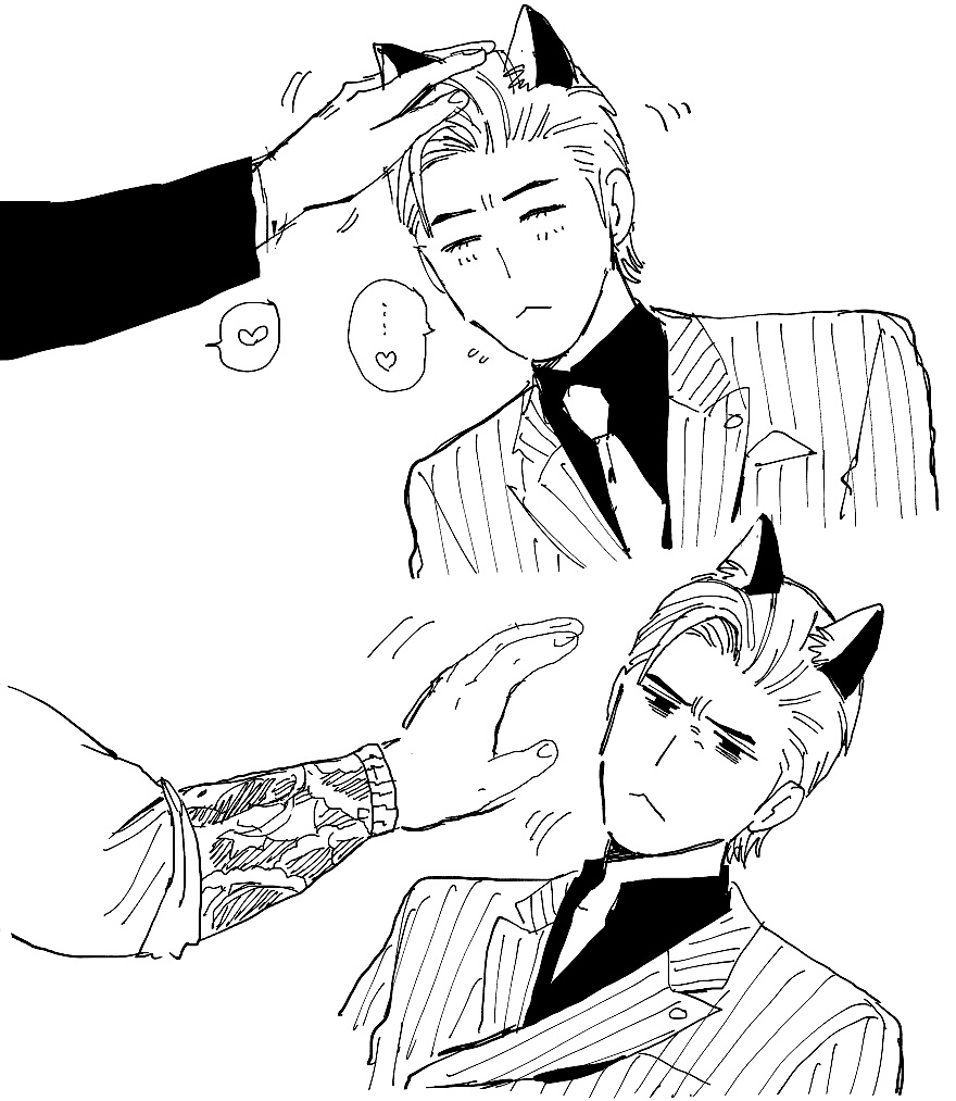 :3, ahoge, animal_ears, cat_ears, commentary_request, dojima_daigo, formal_clothes, greyscale, heart, incoming_headpat, kanda_tsuyoshi, kemonomimi_mode, male_focus, mine_yoshitaka, monochrome, necktie, pinstripe_pattern, pinstripe_suit, ryuu_ga_gotoku_(series), ryuu_ga_gotoku_3, sketch, spoken_heart, suit, tsundere, tyag53