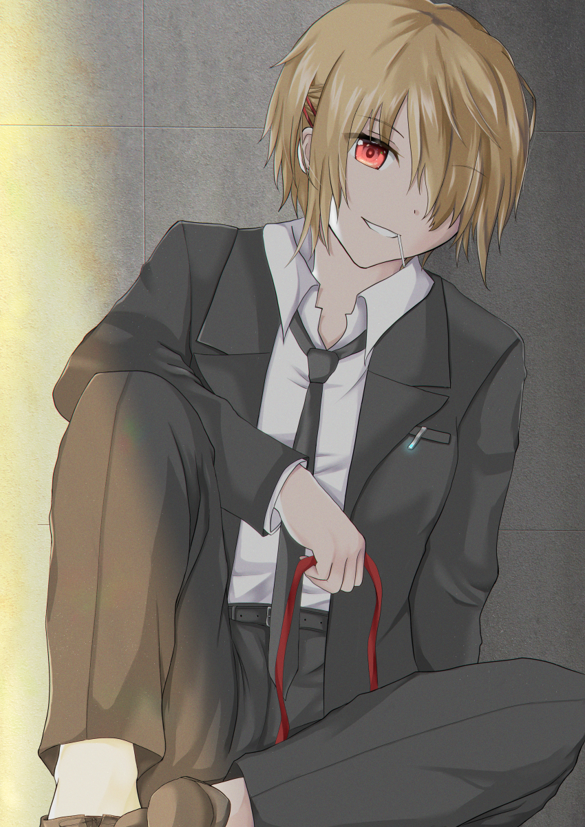 1girl, absurdres, black_necktie, black_suit, brown_hair, candy, commentary_request, food