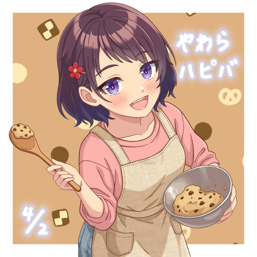 1girl, apron, border, bowl, brown_apron, brown_hair, commentary_request, cookie