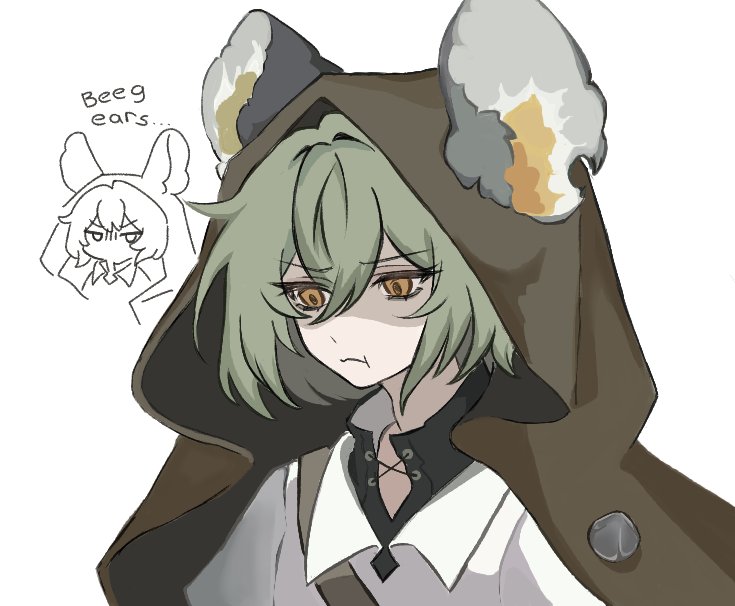 1girl, :t, animal_ears, brown_cloak, brown_eyes, cloak, commentary, english_commentary, english_text, green_hair, hair_between_eyes, hood, hood_up, jenkins_(morimens), morimens, mouse_ears, nelumbo_nucife2, simple_background, upper_body, white_background