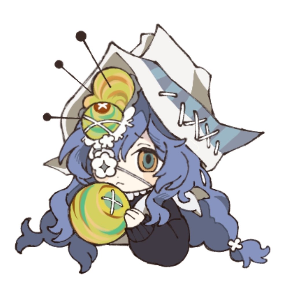 1girl, :<, aigis_(morimens), blue_hair, commentary, english_commentary, eyepatch, hat