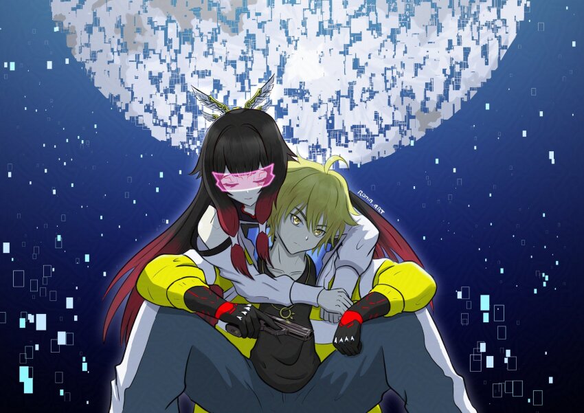 1boy, 1girl, aether_(genshin_impact), ahoge, artist_name, black_hair, blonde_hair, closed_eyes, collarbone, columbina_(genshin_impact), commentary, cosplay, couple, cyberpunk:_edgerunners, cyberpunk_(series), david_martinez, david_martinez_(cosplay), emi_lo, english_commentary, genshin_impact, gun, hair_ornament, handgun, highres, holding, holding_gun, holding_weapon, hug, hug_from_behind, long_hair, lucy_(cyberpunk), lucy_(cyberpunk)_(cosplay), multicolored_hair, purple_hair, ronin_art77, voice_actor_connection, weapon, wing_hair_ornament, yellow_eyes, zach_aguilar