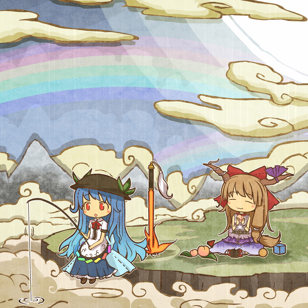 2girls, akihiyo, blue_hair, bow, brown_hair, chibi, cloud, female_focus