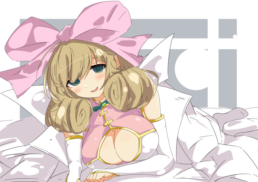 1girl, bare_shoulders, blush, breasts, brown_hair, cleavage, cleavage_cutout, clothing_cutout