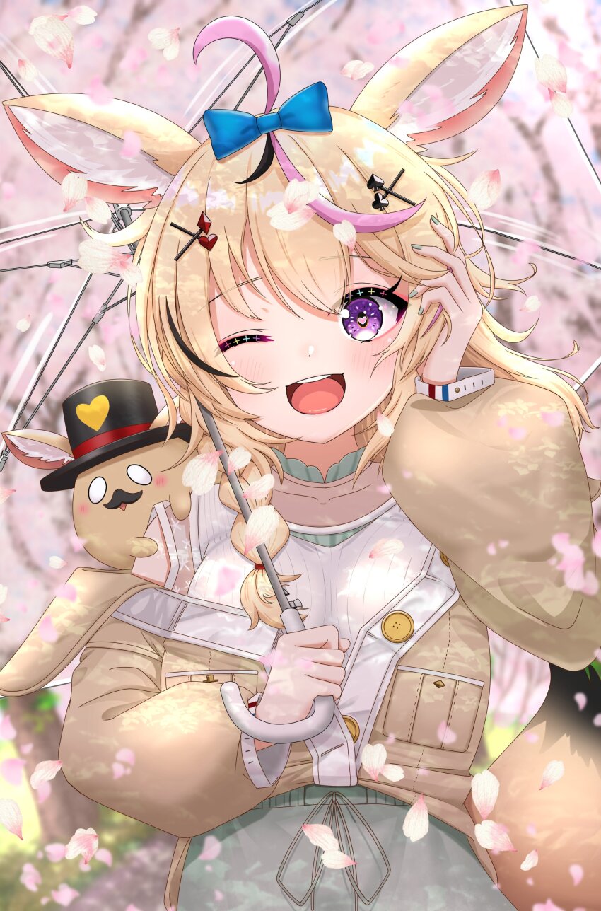 1girl, absurdres, animal_ears, blonde_hair, brown_jacket, cherry_blossoms, commentary_request, day