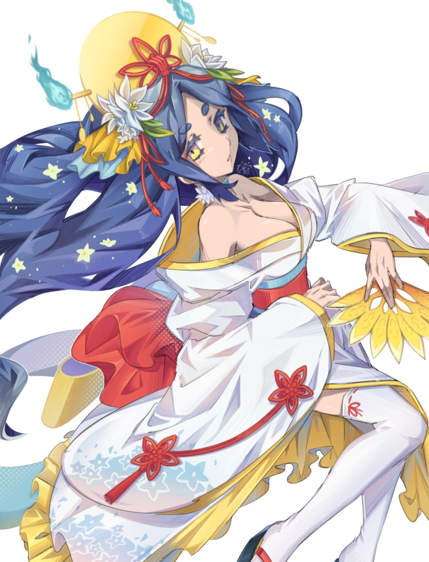 1girl, bare_shoulders, black_hair, breasts, bride, cleavage, commentary_request, eiga_youkai_watch:_forever_friends, feet_out_of_frame, folding_fan, full_body, furisode_sleeves, gesshin_tsukuyomi, gesshin_tsukuyomi_(wedding_tsukuyomi), hand_fan, headpiece, highres, holding, holding_fan, japanese_clothes, kimono, large_breasts, long_hair, long_sleeves, looking_at_viewer, off_shoulder, official_alternate_costume, parted_lips, short_eyebrows, solo, thick_eyebrows, thighhighs, user_dupv2352, white_kimono, white_thighhighs, wide_sleeves, yellow_eyes, youkai_(youkai_watch), youkai_watch, youkai_watch:_punipuni