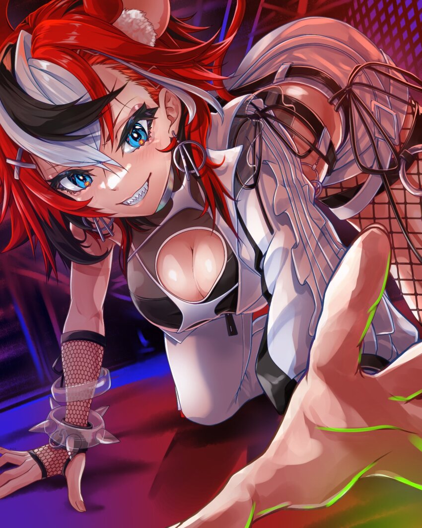 1girl, animal_ears, black_hair, blue_eyes, breasts, cleavage, commentary_request, fishnets