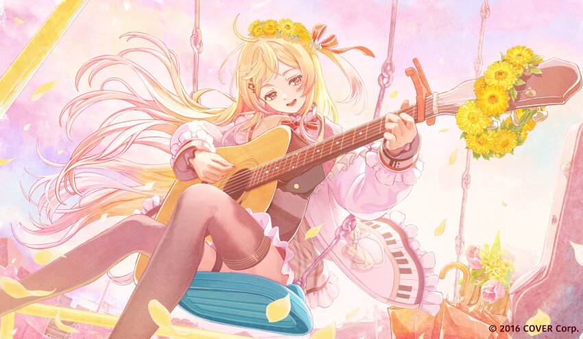 1girl, :d, absurdres, acoustic_guitar, blonde_hair, brown_dress, brown_eyes, brown_sailor_collar