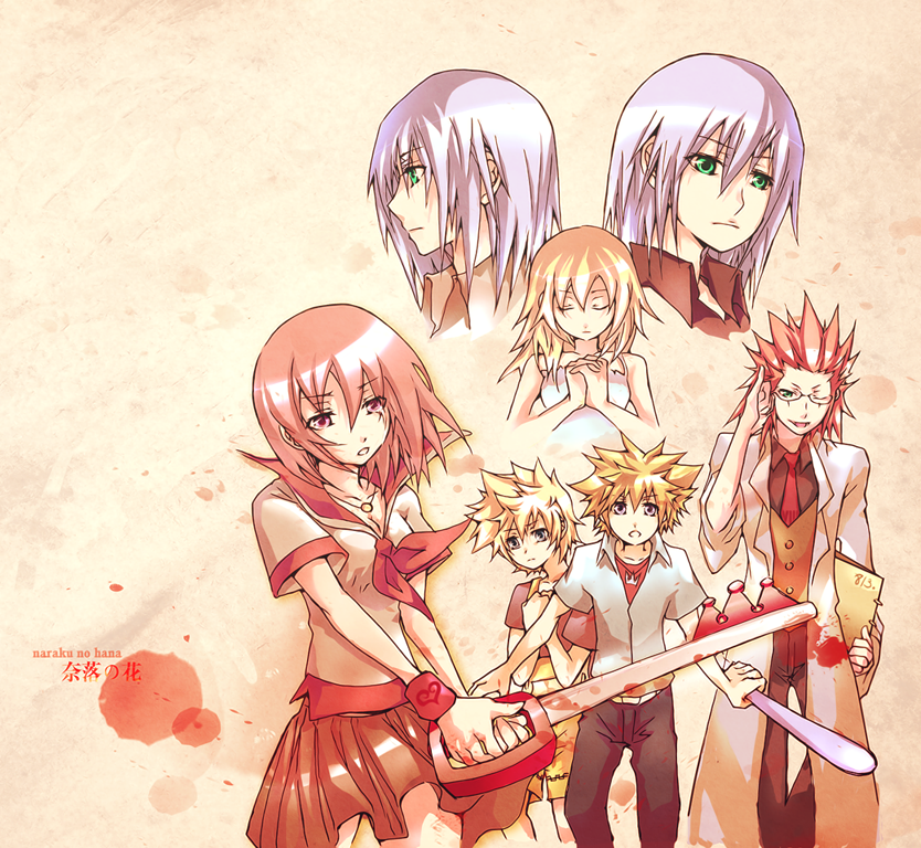 2girls, 5boys, adjusting_eyewear, axel_(kingdom_hearts), belt, black_pants, black_shirt, blonde_hair