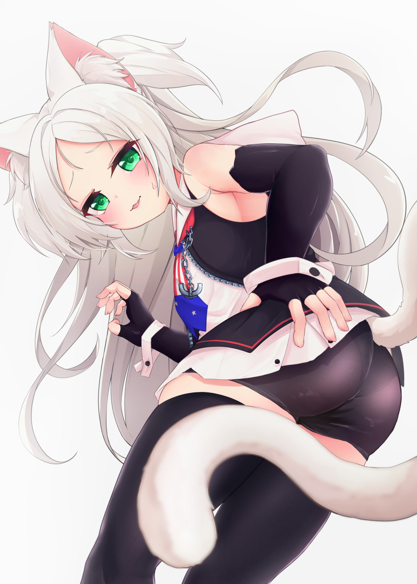 1girl, :d, absurdres, american_flag_neckwear, anchor_ornament, animal_ears, ass, azur_lane, bare_shoulders, bike_shorts, black_gloves, black_shorts, black_vest, blush, breasts, cat_ears, cat_girl, cat_tail, commentary_request, dress, elbow_gloves, fingerless_gloves, from_behind, from_below, from_side, gloves, green_eyes, hand_on_own_hip, hand_up, highres, long_hair, looking_at_viewer, looking_back, looking_down, nayuha_(nayuleaf), necktie, open_mouth, short_dress, shorts, sims_(azur_lane), skindentation, sleeveless, sleeveless_dress, small_breasts, smile, solo, tail, thighhighs, thighs, unzipped, very_long_hair, vest, white_dress, white_hair
