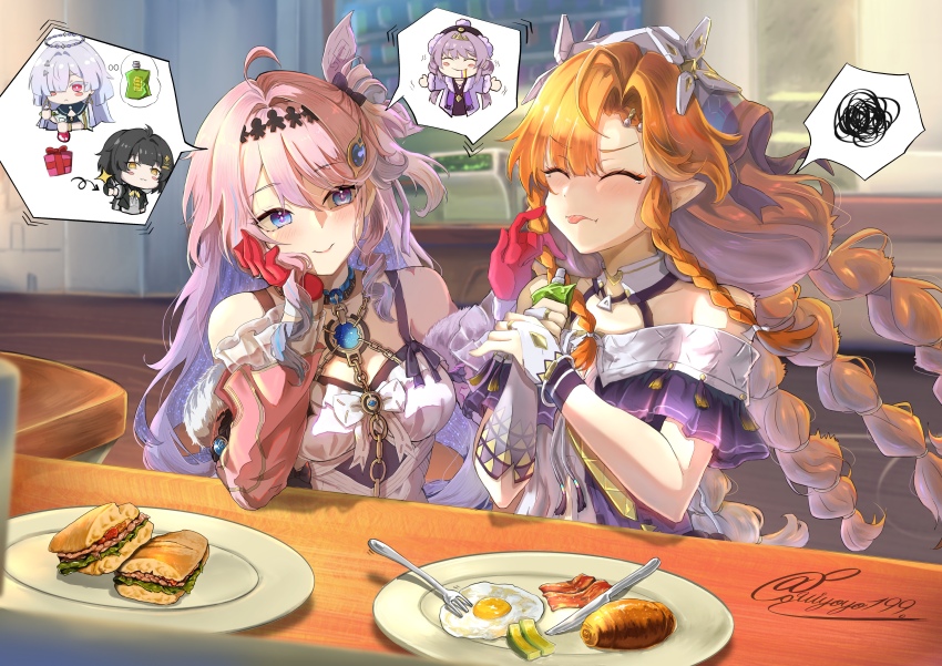 2girls, absurdres, ahoge, bacon, bare_shoulders, bitter, blue_eyes, braid