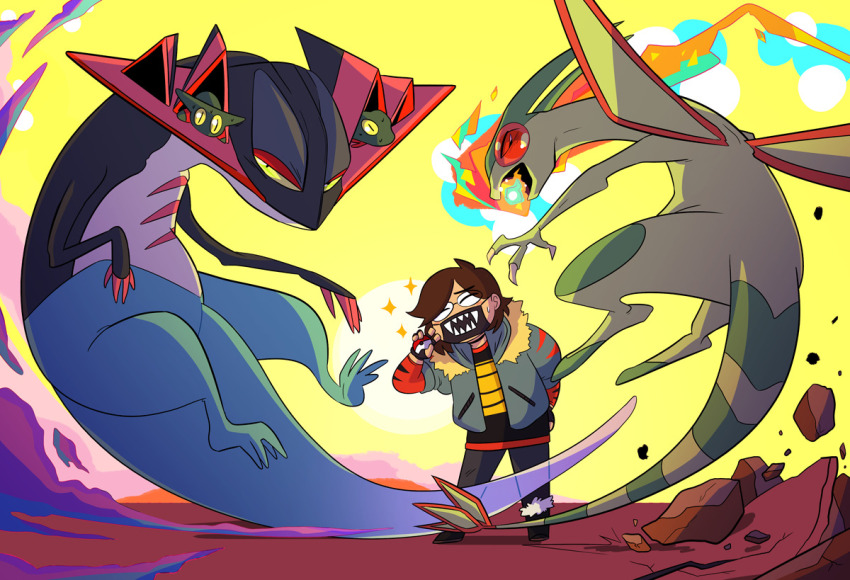 1girl, 2others, artist_self-insert, brown_hair, closed_eyes, commentary, dragapult, drawfee