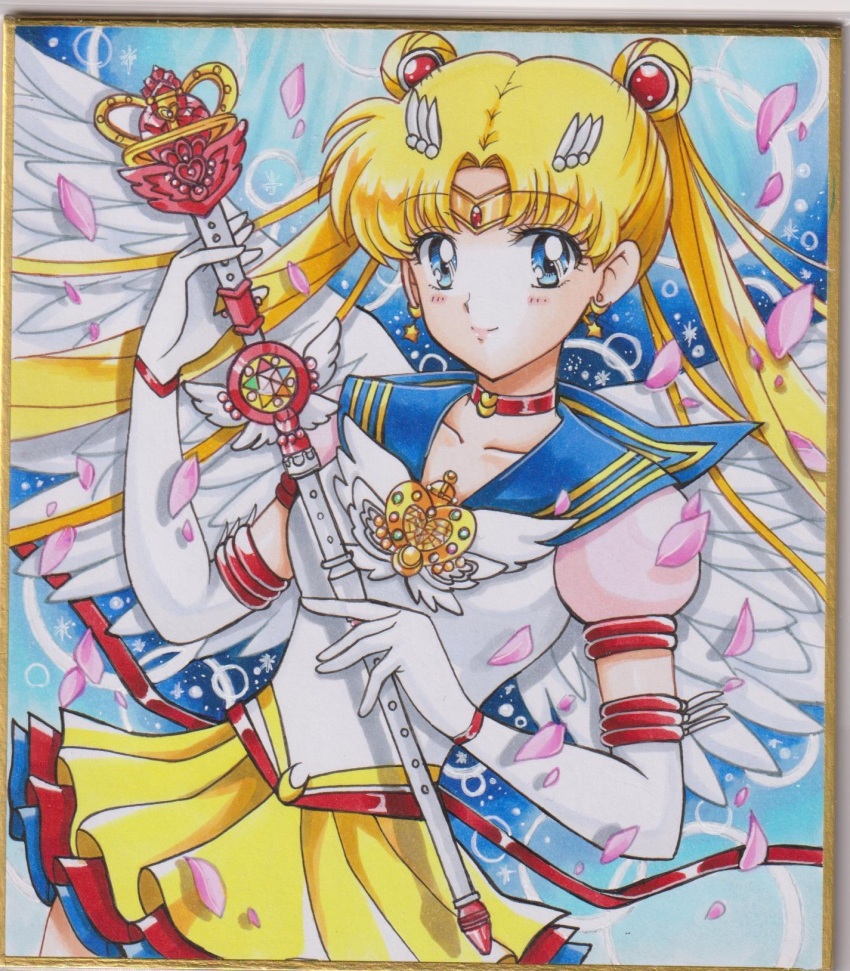 1girl, arm_up, bishoujo_senshi_sailor_moon, blonde_hair, blue_eyes, blue_sailor_collar, blue_skirt, blush