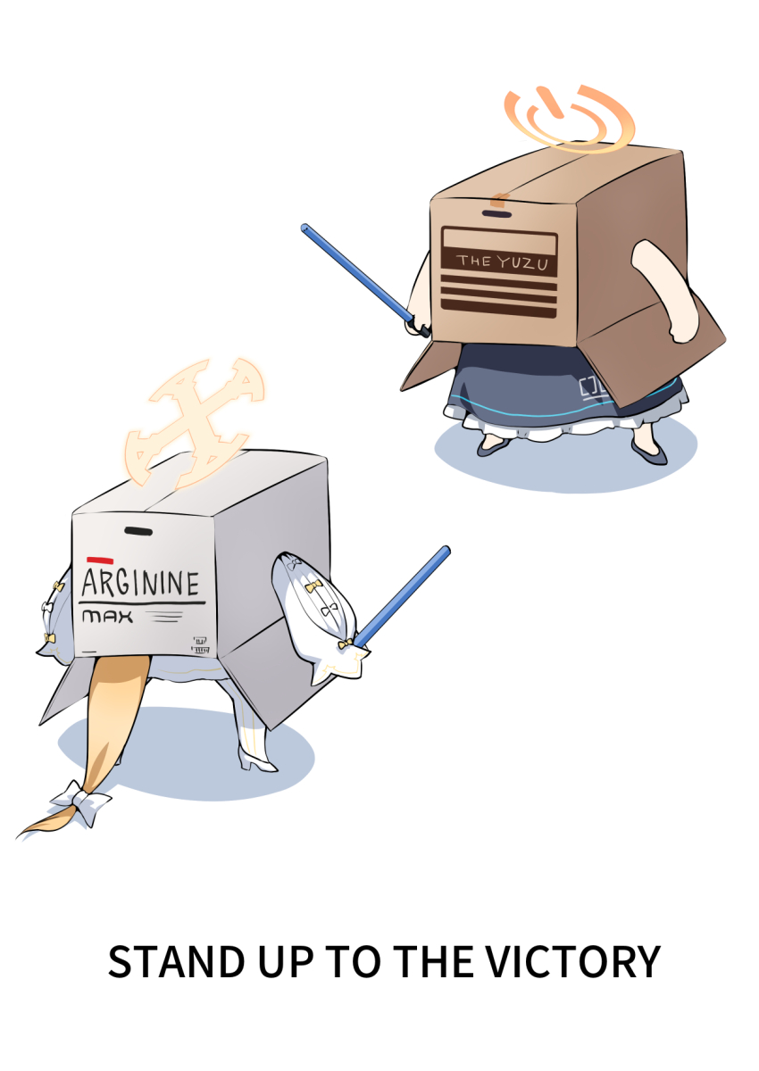 2girls, blonde_hair, blue_archive, bow, box, chibi, cross_halo, duel