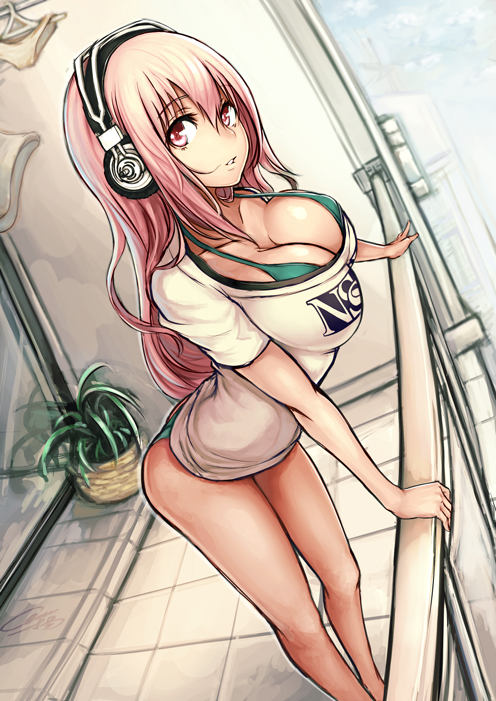1girl, :o, bikini, bikini_under_clothes, breasts, cleavage, evan_yang, female_focus, headphones, large_breasts, long_hair, looking_at_viewer, nitroplus, pink_eyes, pink_hair, solo, strap_gap, super_sonico, swimsuit, swimsuit_under_clothes