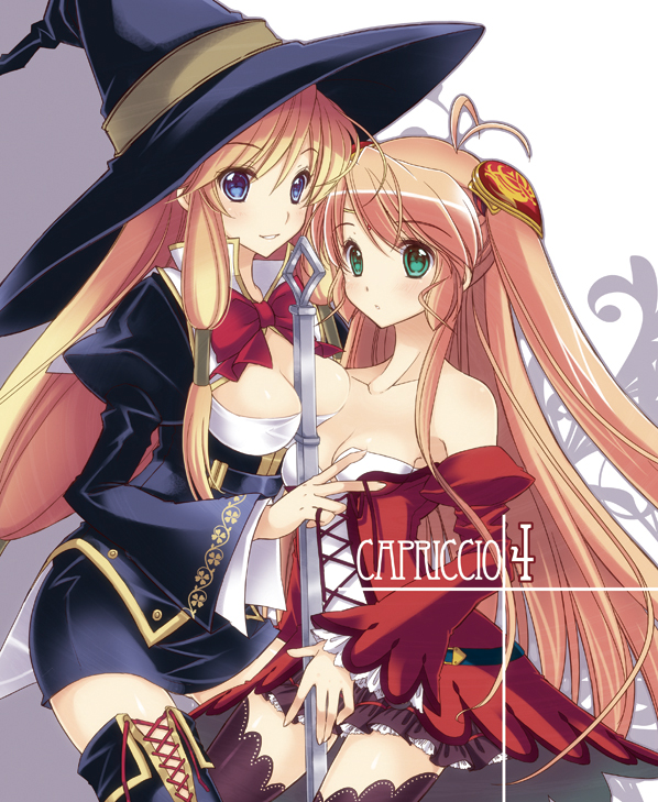 2girls, arianrhod_rpg, arianrhod_saga, between_breasts, blue_eyes, breasts, cleavage, elsa_brooks, female_focus, green_eyes, hat, looking_at_viewer, lossy-lossless, multiple_girls, peony_(arianrhod), sasaki_akane, small_breasts, staff, thighhighs, witch_hat, yuri